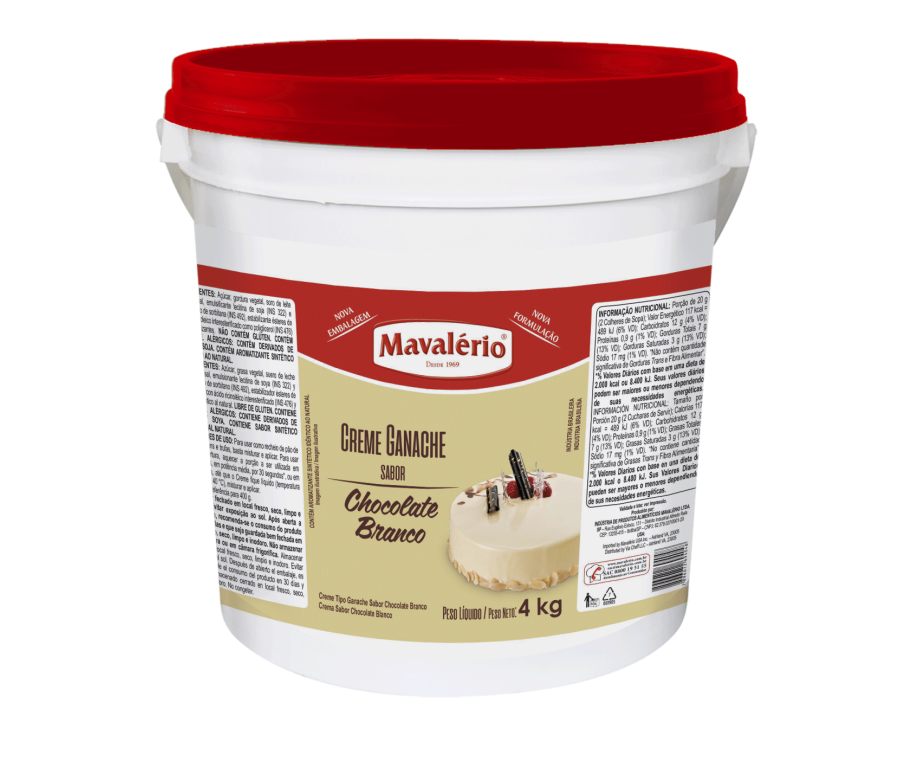 GANACHE CREME CHOCOLATE LIQUIDO BRANCO-MAVALERIO BALDE 4KG                                          